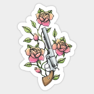 Revolver with Branch of Rose flower drawn in Tattoo style. Vector illustration. Sticker